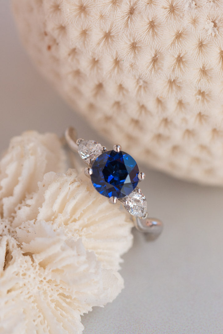 Custom Design ~ Sapphire & Diamond Pear Melt Engagement Ring