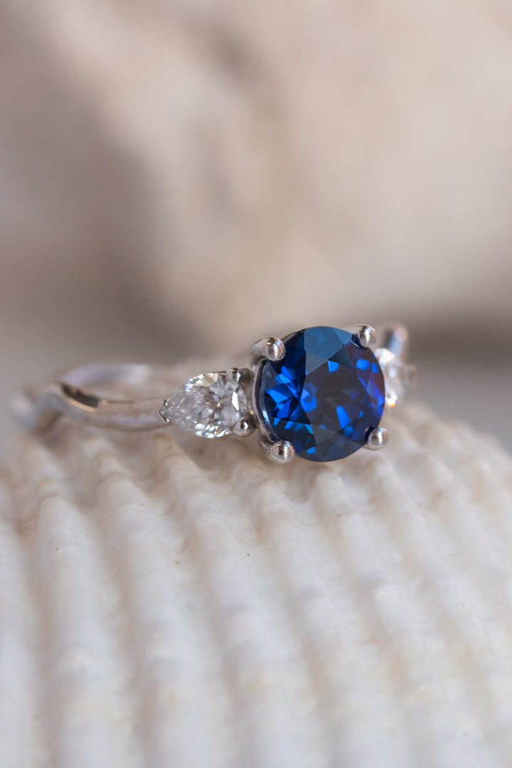 Custom Design ~ Sapphire & Diamond Pear Melt Engagement Ring
