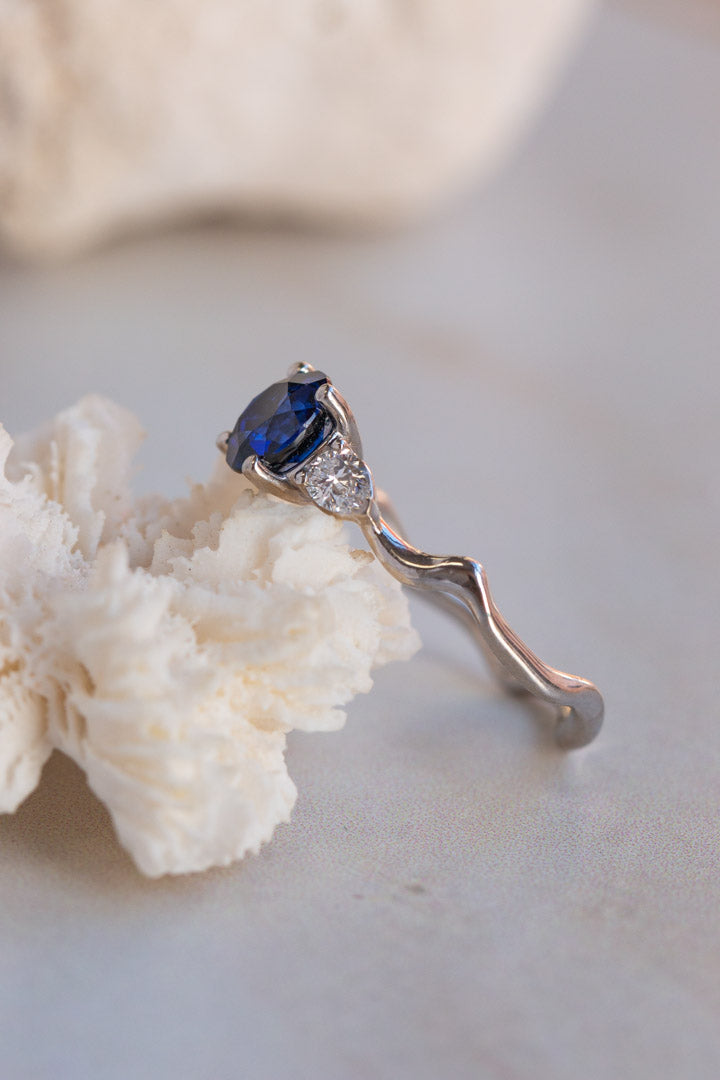 Custom Design ~ Sapphire & Diamond Pear Melt Engagement Ring