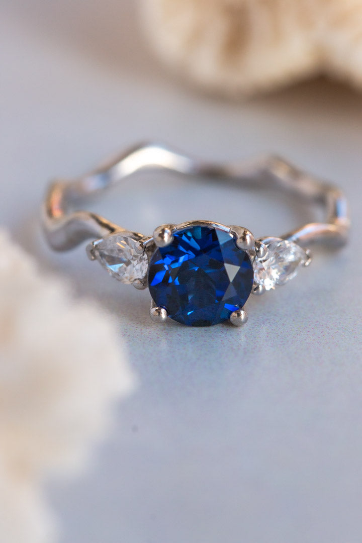 Custom Design ~ Sapphire & Diamond Pear Melt Engagement Ring