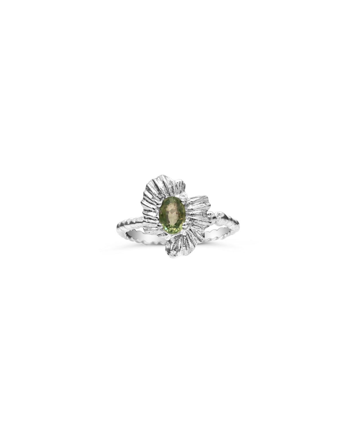 One of a Kind ~ Oval Peridot Starburst Shell Moss Textured Ring in White Gold