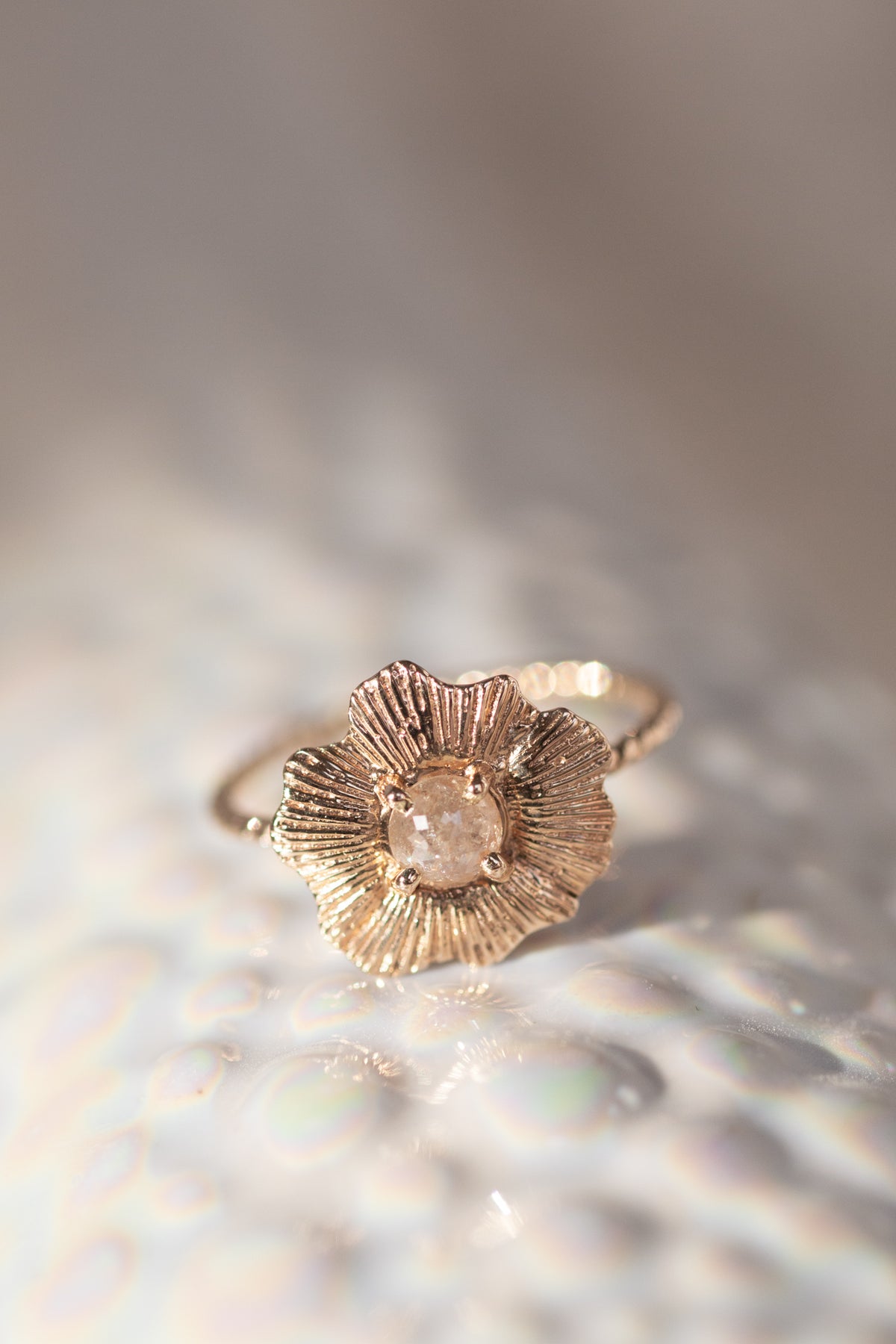 One of a Kind ~ Round Starburst Shell Ring in Yellow Gold