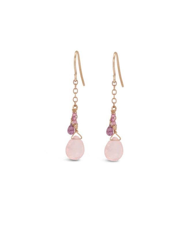 Tide Pool ~ Gem Gold Dangle Earrings w/ Pink Sapphire & Rose Quartz