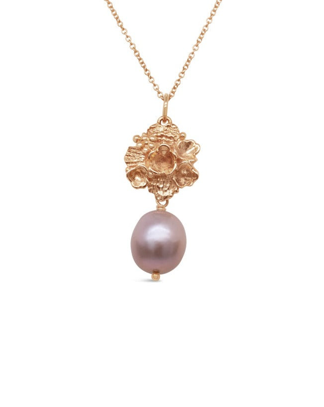 Tide Pool ~ Textured Large Gem Gold Pendant w/ Pearl (Grey)