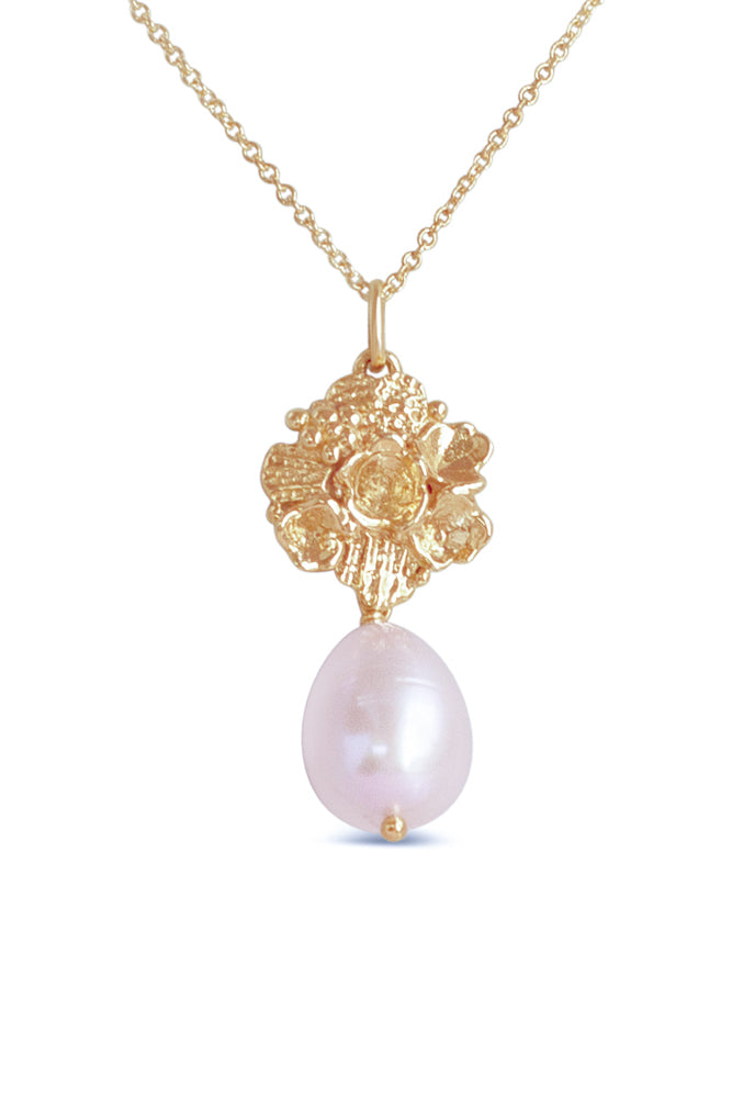 Tide Pool ~ Textured Large Gem Gold Pendant w/ Pearl (White)