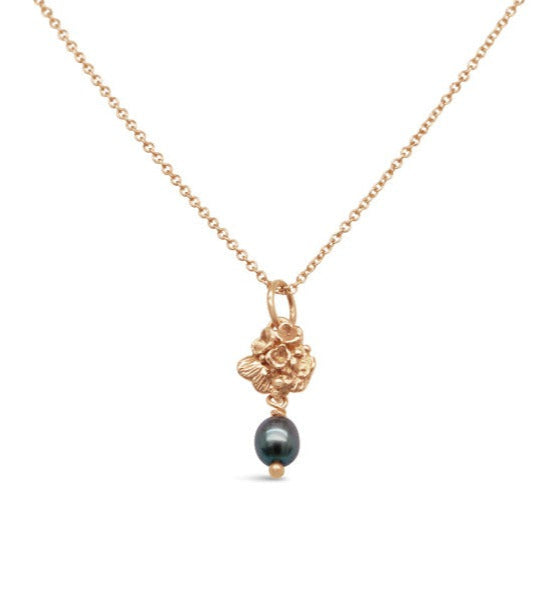 Tide Pool ~ Textured Small Gem Gold Pendant w/ Pearl (Peacock)