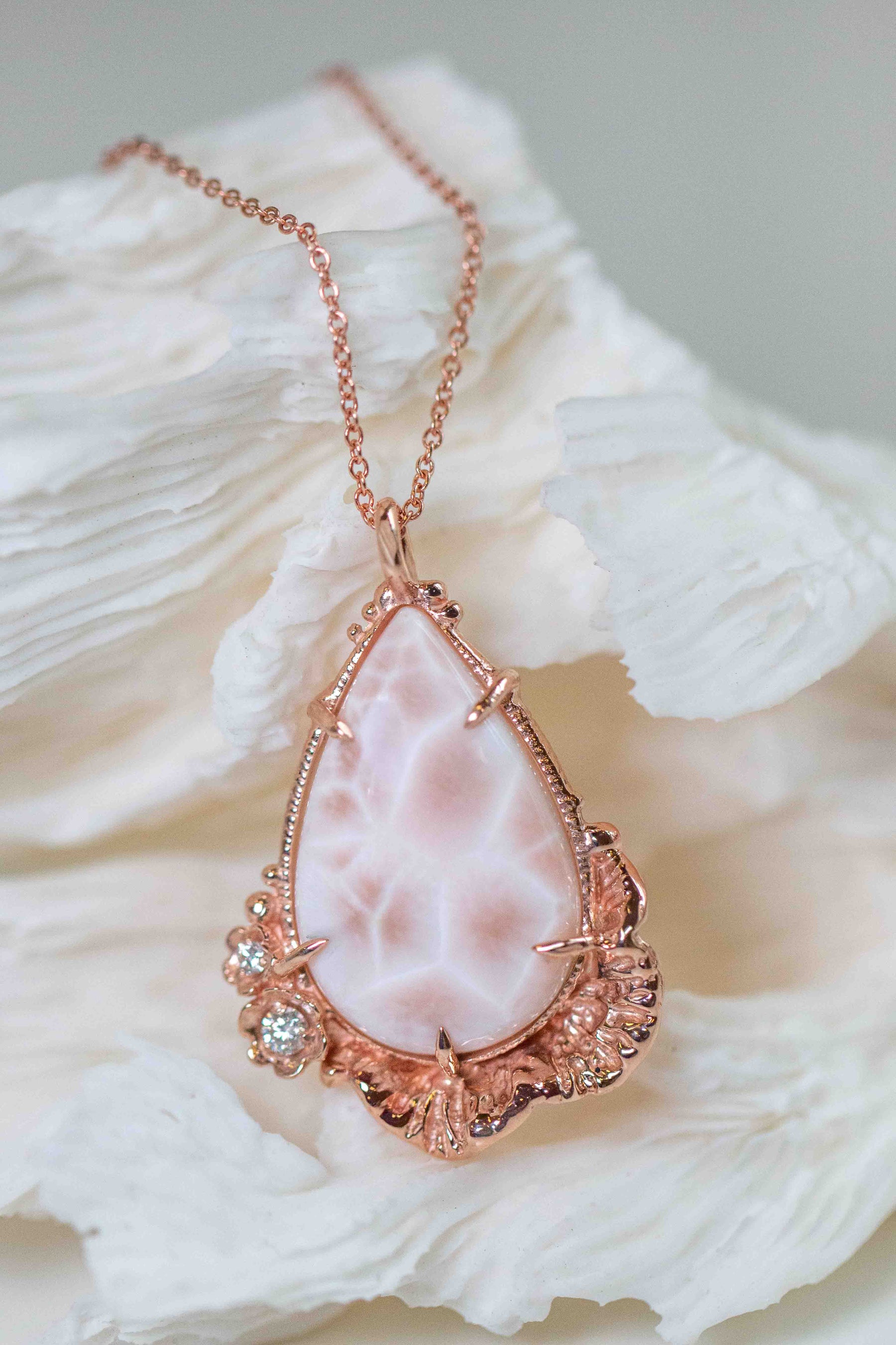 Natrolite & Diamond Coral Ruffle Pendant