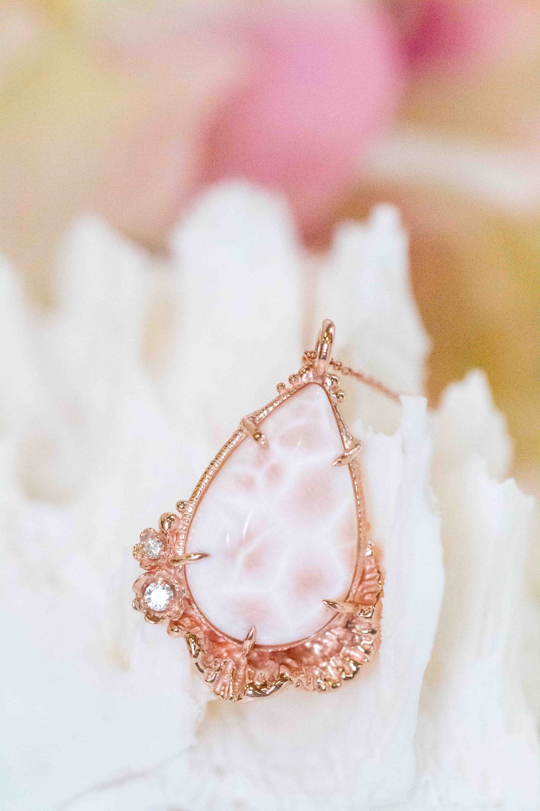 Natrolite & Diamond Coral Ruffle Pendant